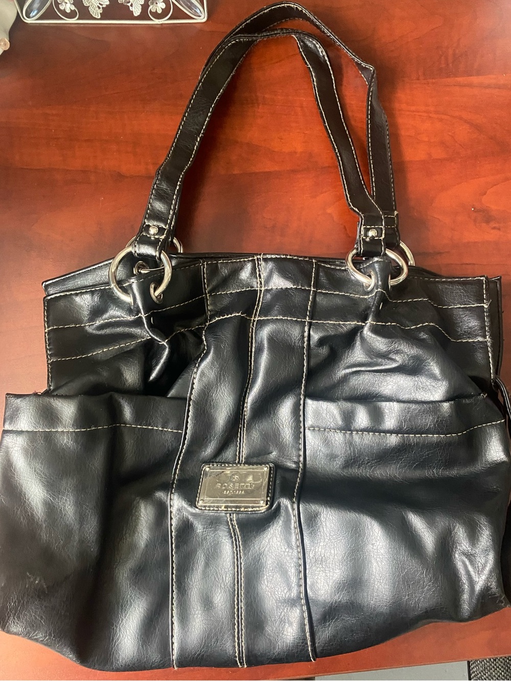 Classic Black Shoulder Tote with Contrast Stitching